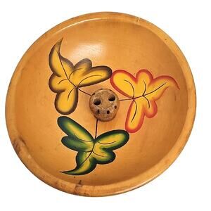 Vintage Artistic Wooden Nut Bowl w/Colorful Handpainted Leaf Design Mid Century